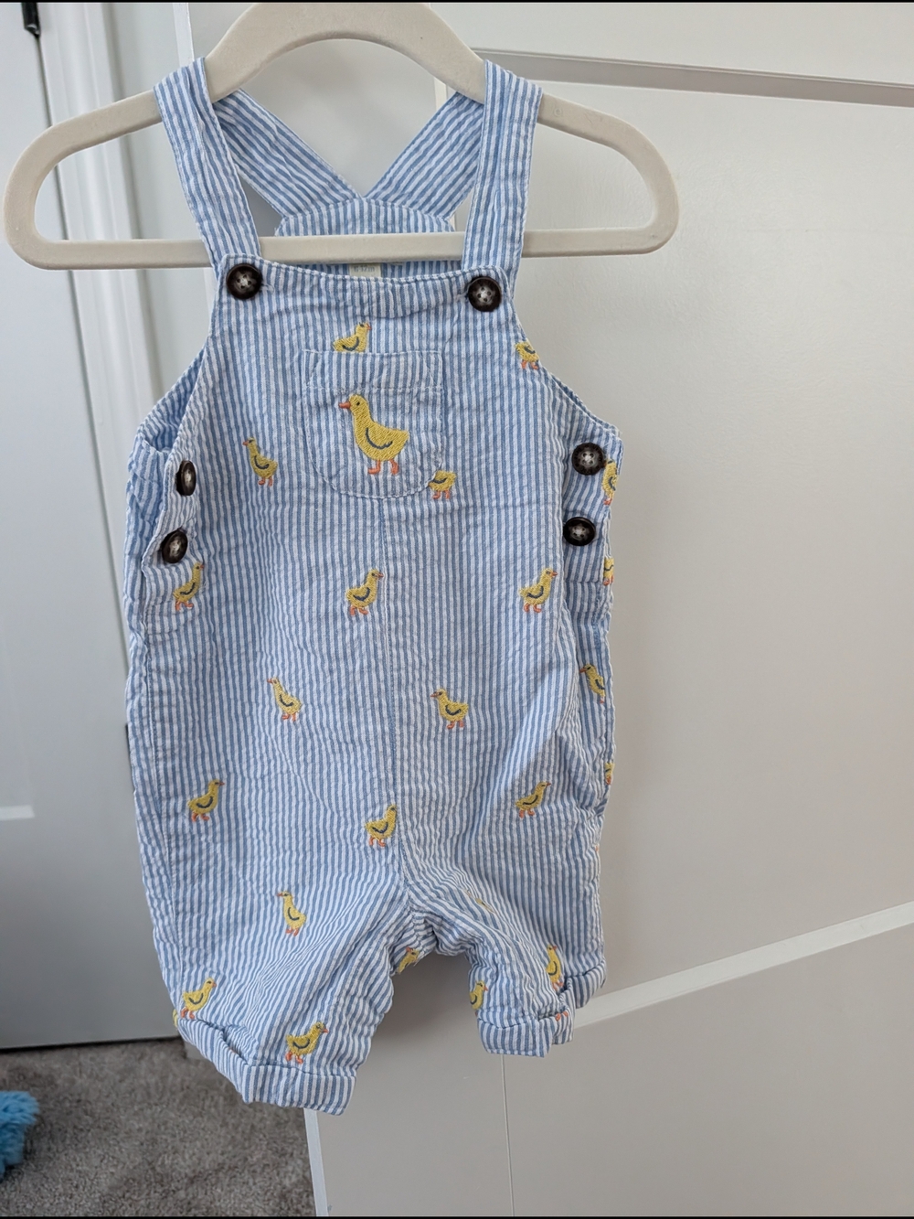 JoJo Maman Bebe Light Blue Striped Overalls with Yellow Duck Embroidery